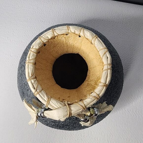 Handmade BOHO Carved Embellished Black Gourd Decorative Vase Tabletop Decor - Picture 2 of 5